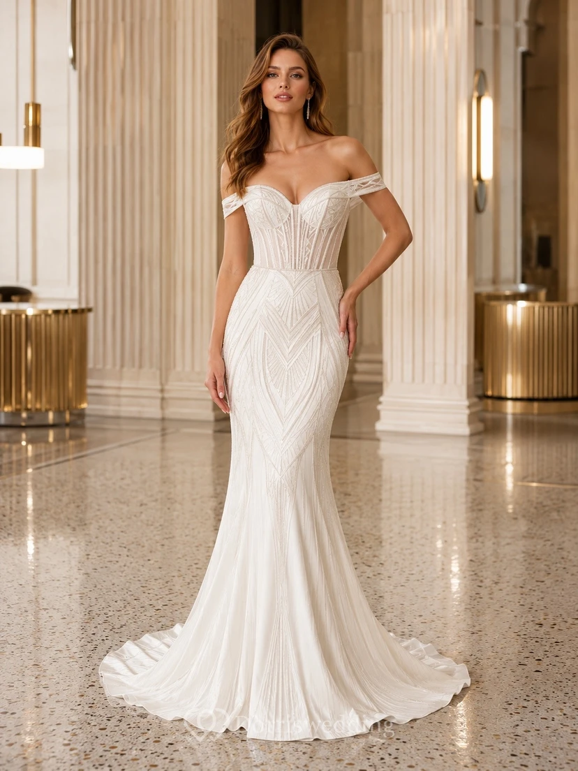 Vestido de novia blanco moderno estilo sirena con lentejuelas y abalorios, escote Bardot