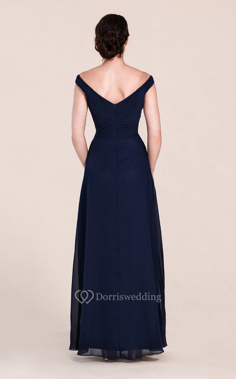 Off-shoulder A-line Chiffon Gown With V-back view 4