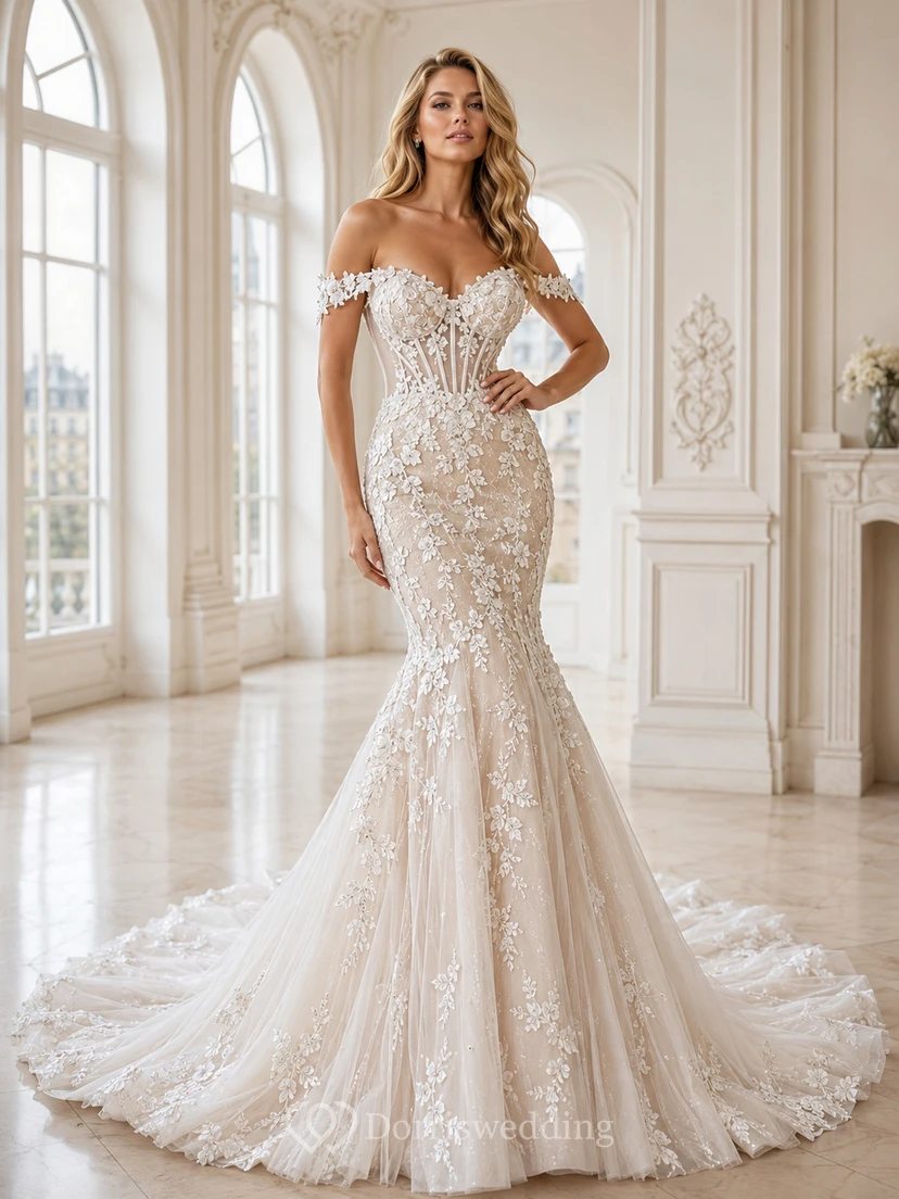 Robe de mariée sirène en dentelle féminine, décolleté cœur, manches courtes, traîne chapelle, ornée d'appliques. Galerie d'appliqués.