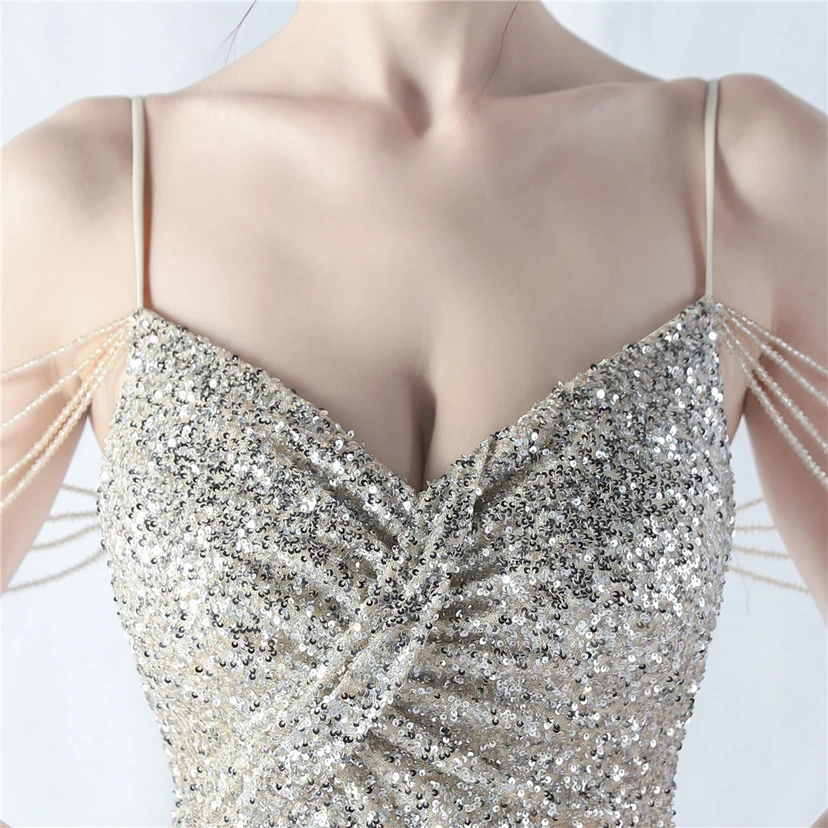 Robe de soirée sexy à bretelles et fente haute, ornée de perles et de perles artisanales. view 62