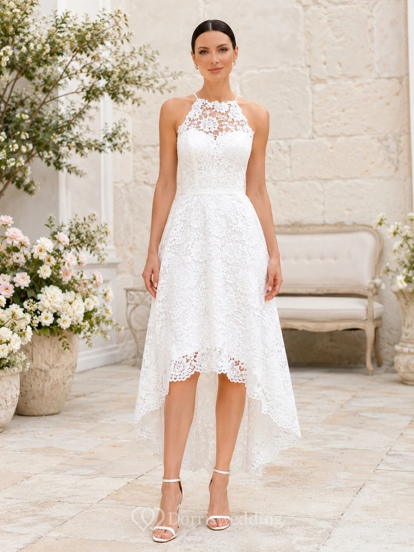 Simple Halter Sleeveless Tea-length A-line Lace Garden Dress