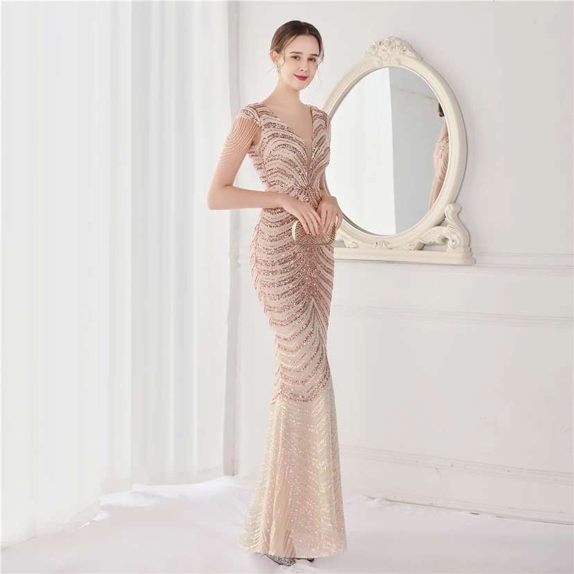 Paillettenbesetztes, handwerklich perfekt gefertigtes, perlenbesetztes Party-Abendkleid – sexy langes Kleid für die Braut view 42