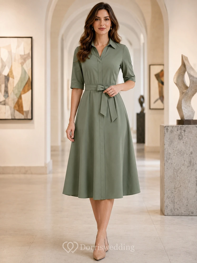 Sage collared tie waist museum lecture midi dress