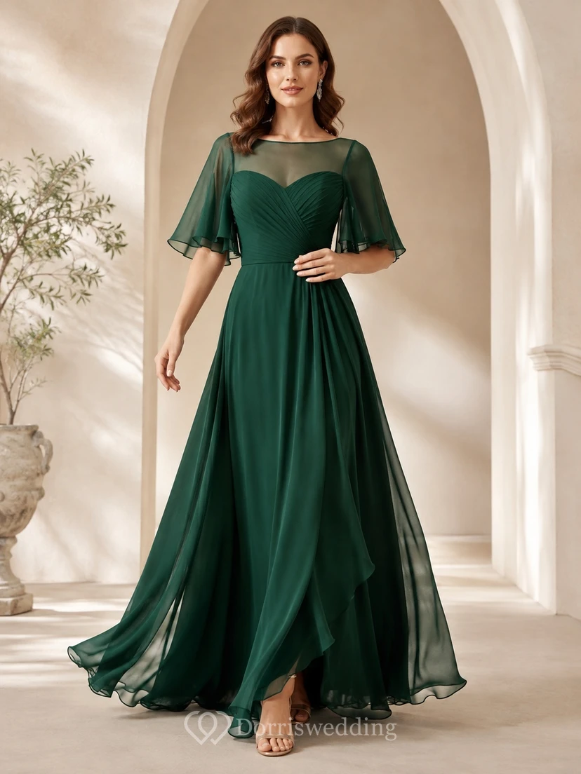 Dunkelgrünes, elegantes Abendkleid in A-Linie aus Chiffon mit eckigem Ausschnitt, Glockenärmeln und Rüschen.