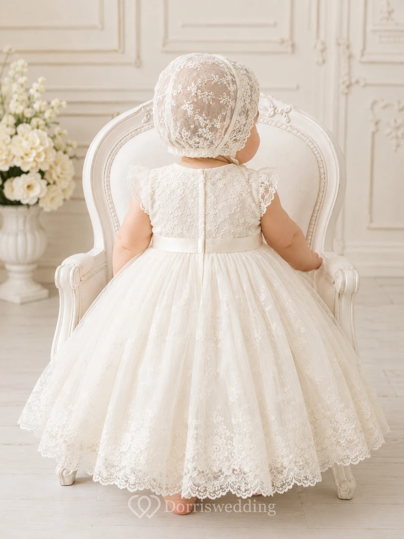 Baby Baptism Christening Ceremony Dress A-Line Knee-Length Jewel Neck Cap Sleeve Tulle Lace Bow Back Button Back view 2