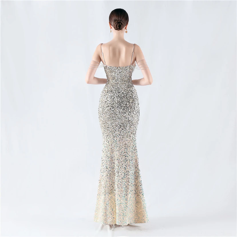 Velvet-Bottom Gradient Sequined Sexy Beaded Suspender Evening Dress view 65