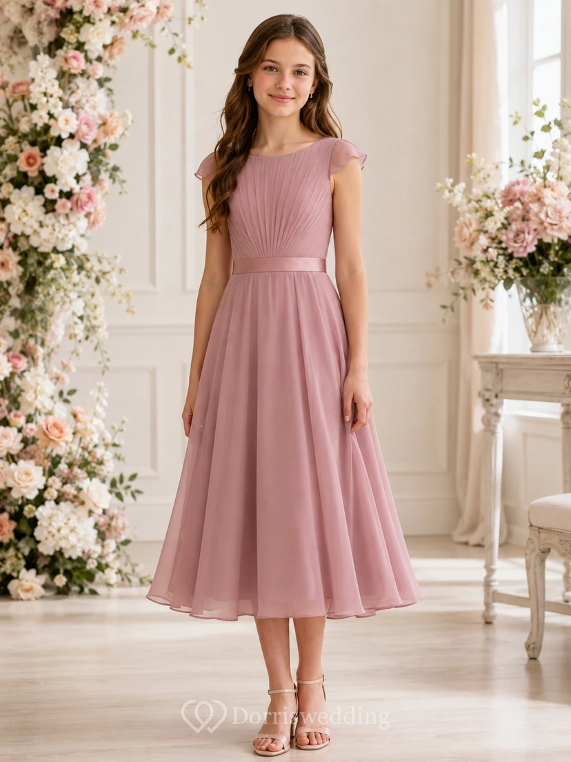 Brautjungfernkleid in Altrosa, A-Linie, mit Schmucksteinen, kurze Ärmel, plissiert