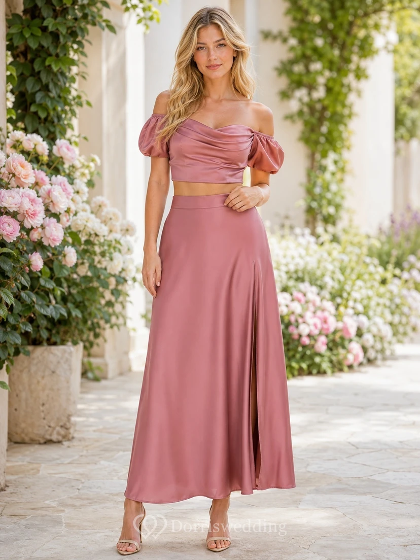 Two Piece Dusty Rose Off-Shoulder Puff Sleeve Satin Ankle-Length Dress
