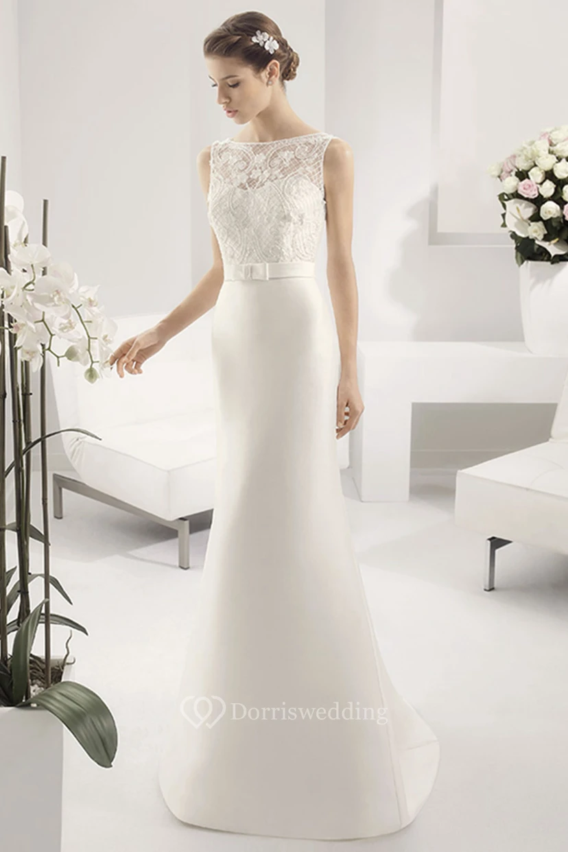 Bateau Neck Sheath Bridal Gown With Appliqued Top And Satin Skirt