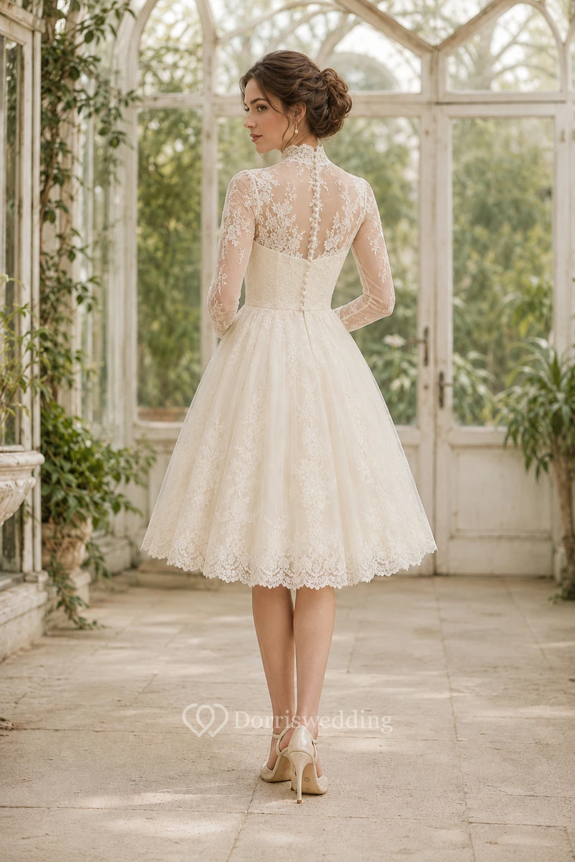 Robe de mariée mi-longue en dentelle à manches courtes et jupe en tulle souple view 2
