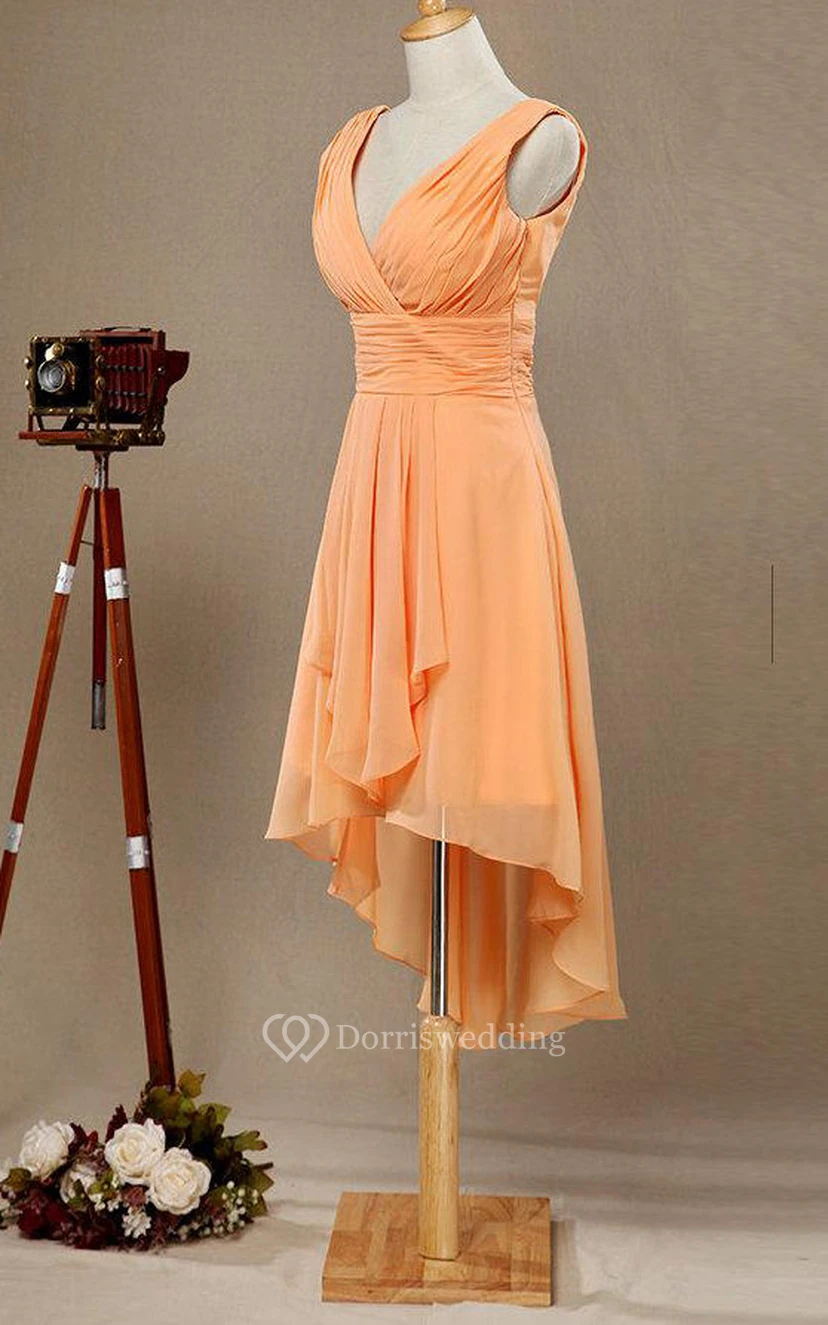 V Neck A-line Pleated Chiffon High Low Dress With Side Draping view 3