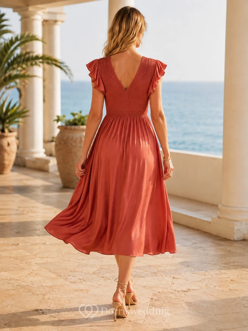 Vestido de gasa color coral con escote en V, manga corta y corte en A hasta los tobillos view 2
