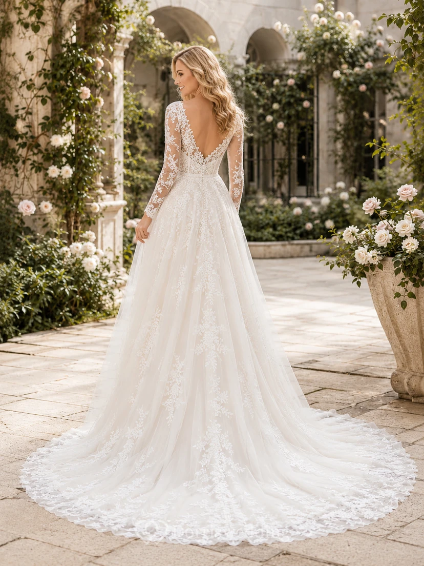 Robe de mariée romantique à col en V, dentelle illusion, manches longues et traîne chapelle view 2