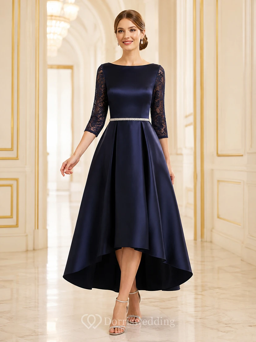 Robe de demoiselle d'honneur vintage bleu marine foncé à manches trois-quarts et dentelle illusion, style cour