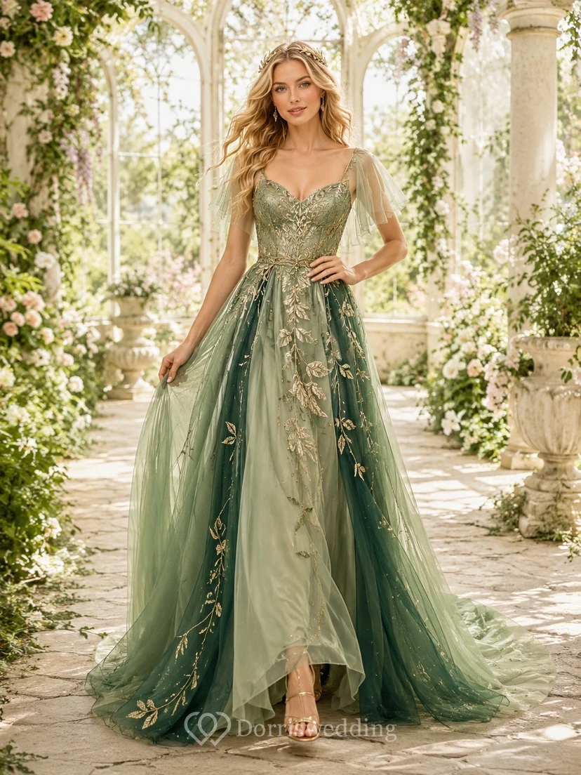 Robe de soirée romantique en tulle vert sauge, col en V, application florale, coupe trapèze, traîne, longueur au sol