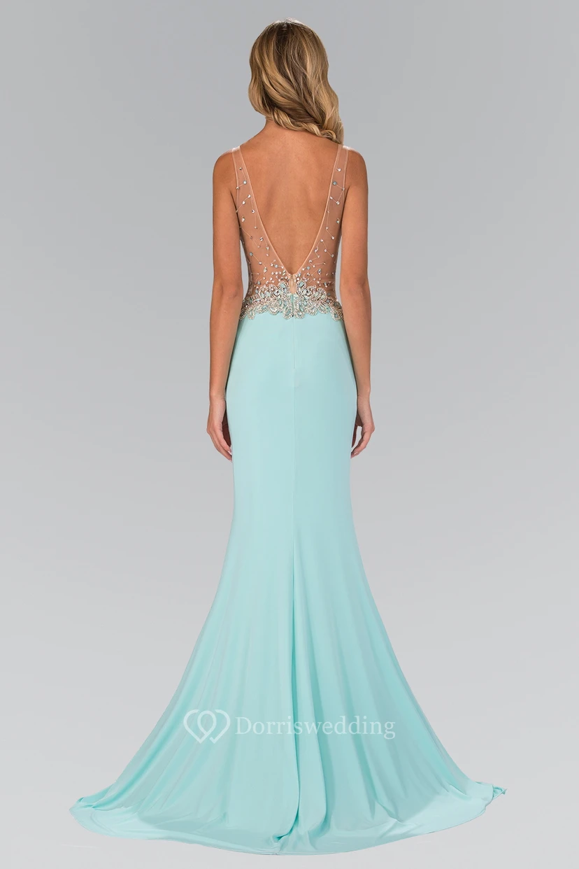Sheath V-Neck Sleeveless Jersey Deep-V Back Dress With Beading view 2