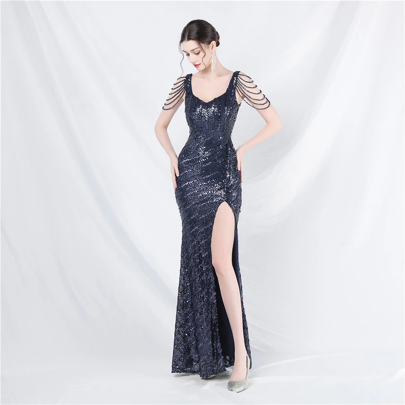 Craft Sequined Velvet Bottom Handmade Beaded Long Elegant Light Luxury Evening Dress view 61