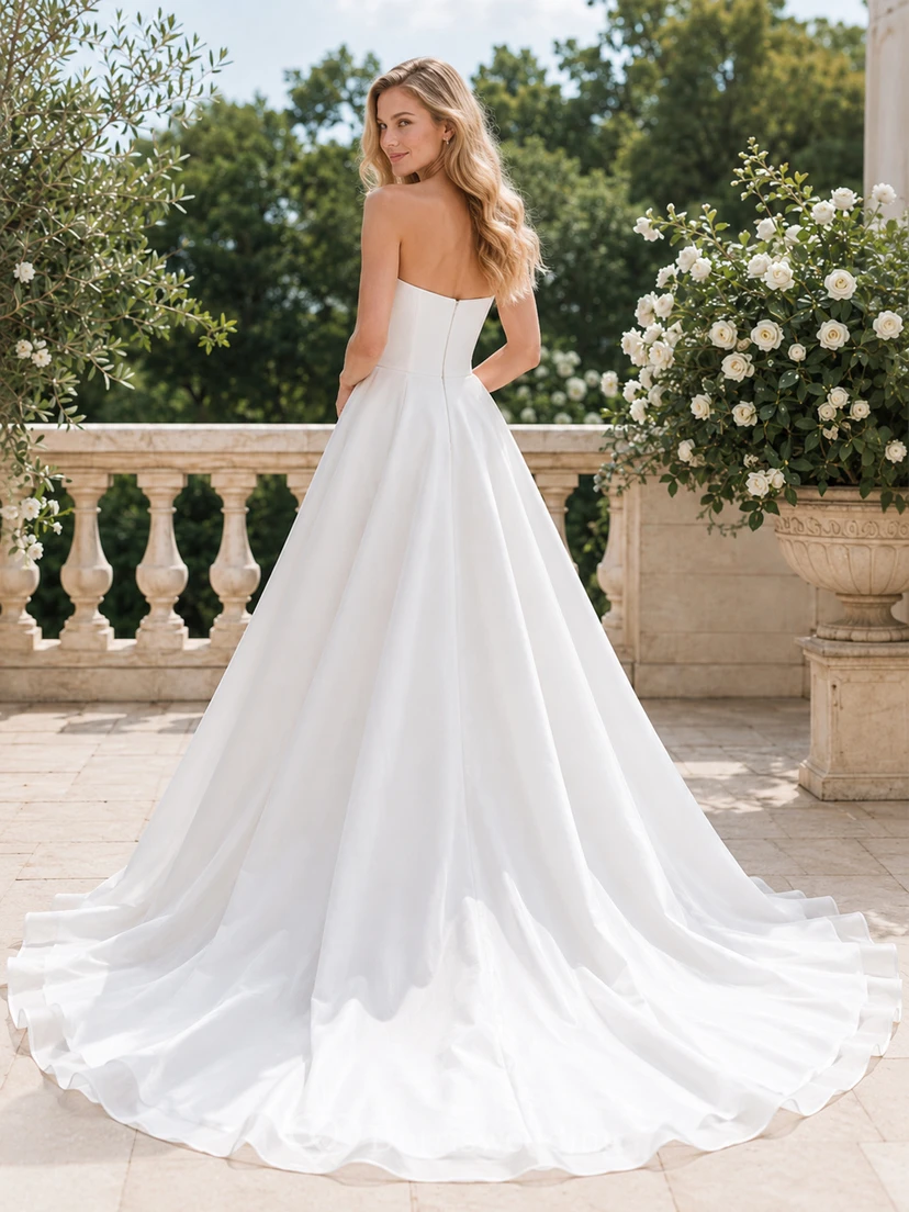 Modernes, trägerloses Brautkleid aus Satin mit asymmetrischem Saum, Kapellenschleppe und Herzausschnitt view 2
