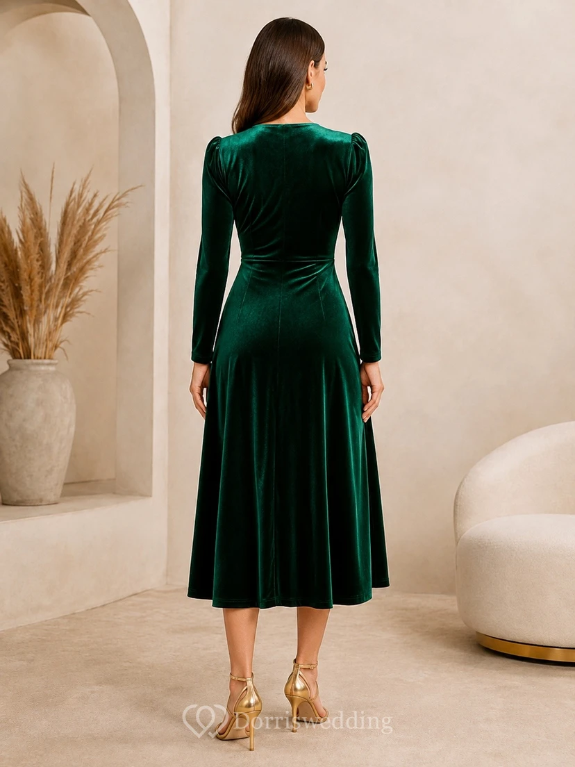 Dark Green Long Sleeve V Neck Velvet Tea Length Sheath Dress view 2