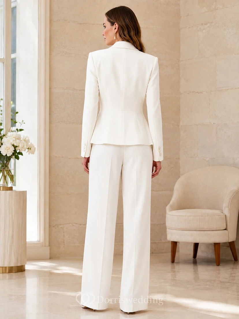White Notched Long Sleeve Two Piece Wide Leg Formal Guest Suit view 2