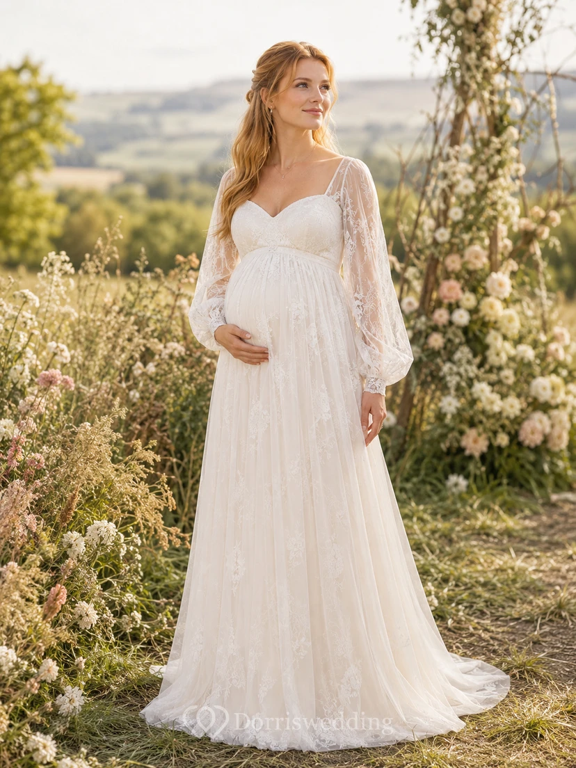 Robe de mariée de maternité bustier cœur manches longues en dentelle robe de mariée champêtre