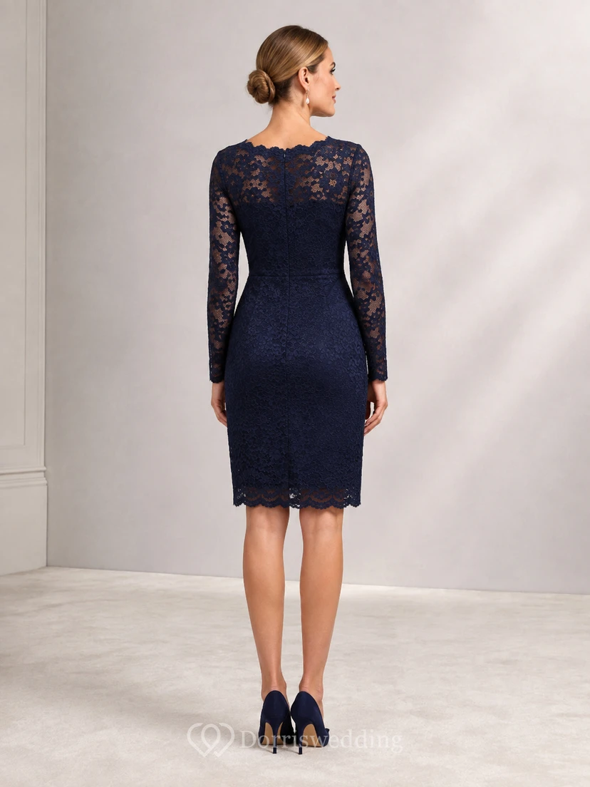 Robe de cocktail fourreau en dentelle bleu marine foncé à manches bateau illusion, longueur genou, style modeste view 2