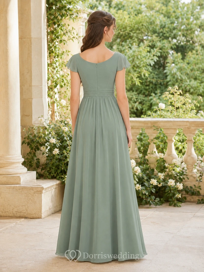 Vestido de dama de honor juvenil color celadón, corte en A, cuello drapeado, manga corta, gasa con forma de pétalo, estilo romántico. view 2