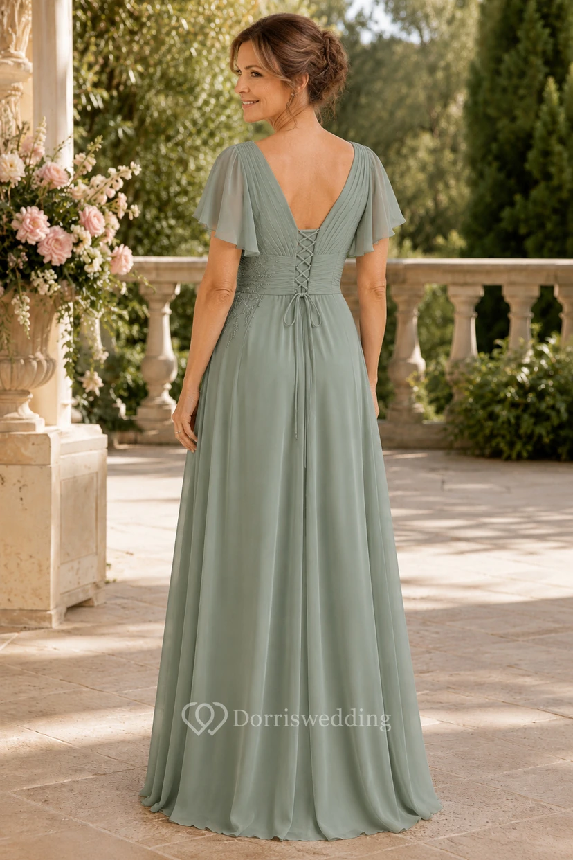 Salbeigrünes Chiffon-Kleid in A-Linie mit V-Ausschnitt und Schnürung am Rücken view 2