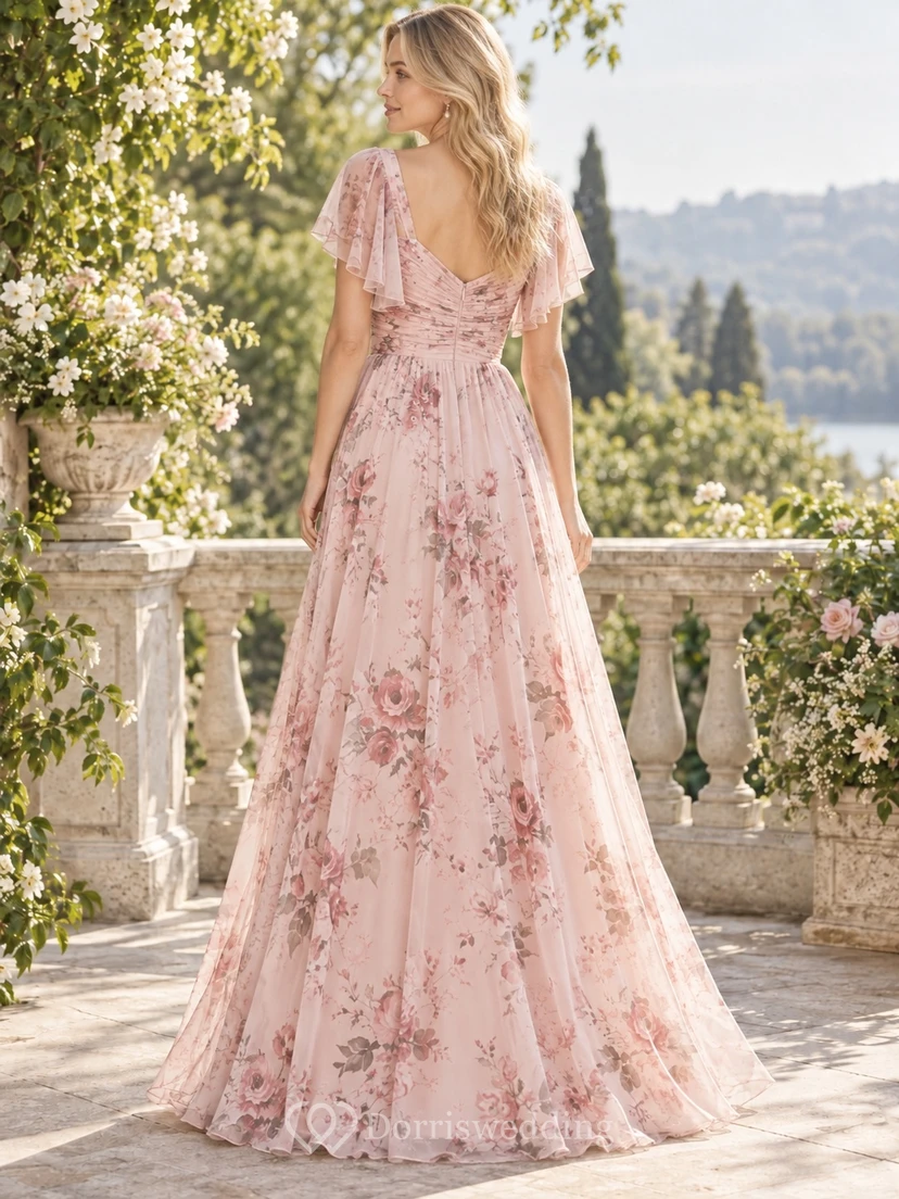 Vestido de dama de honor de gasa rosa rubor con mangas acampanadas, escote en V y largo hasta el suelo. view 2