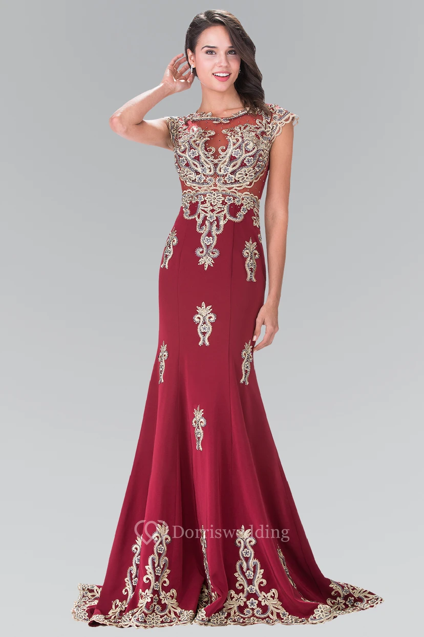 Trumpet Scoop-Neck Cap-Sleeve Jersey Dress With Appliques And Beading