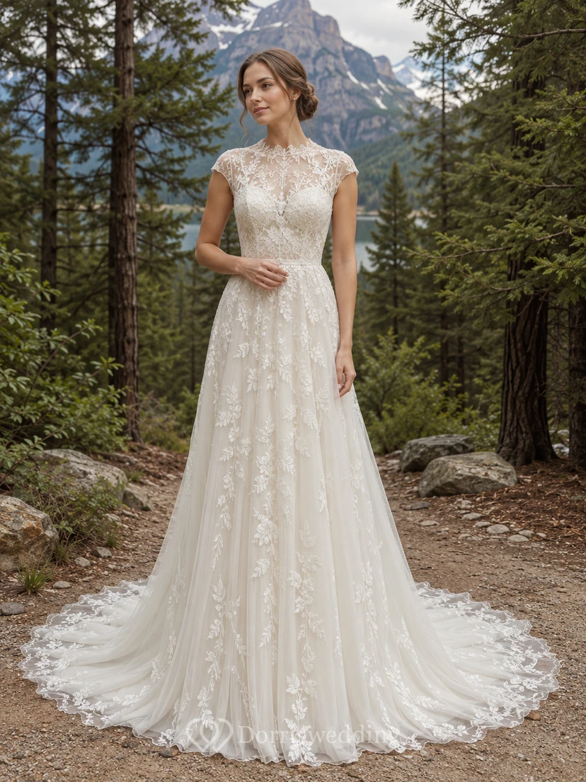 Robe de mariée trapèze en dentelle à col montant et manches courtes, dos illusion et traîne chapelle