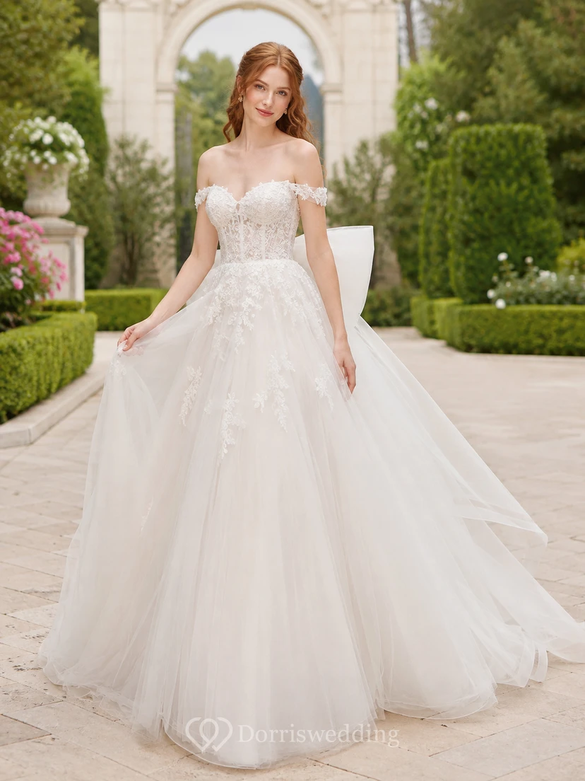 Tulle Wedding Dress Ball Gown Off Shoulder Sweep Train Ruffle Detail Low V Back Bridal Gown