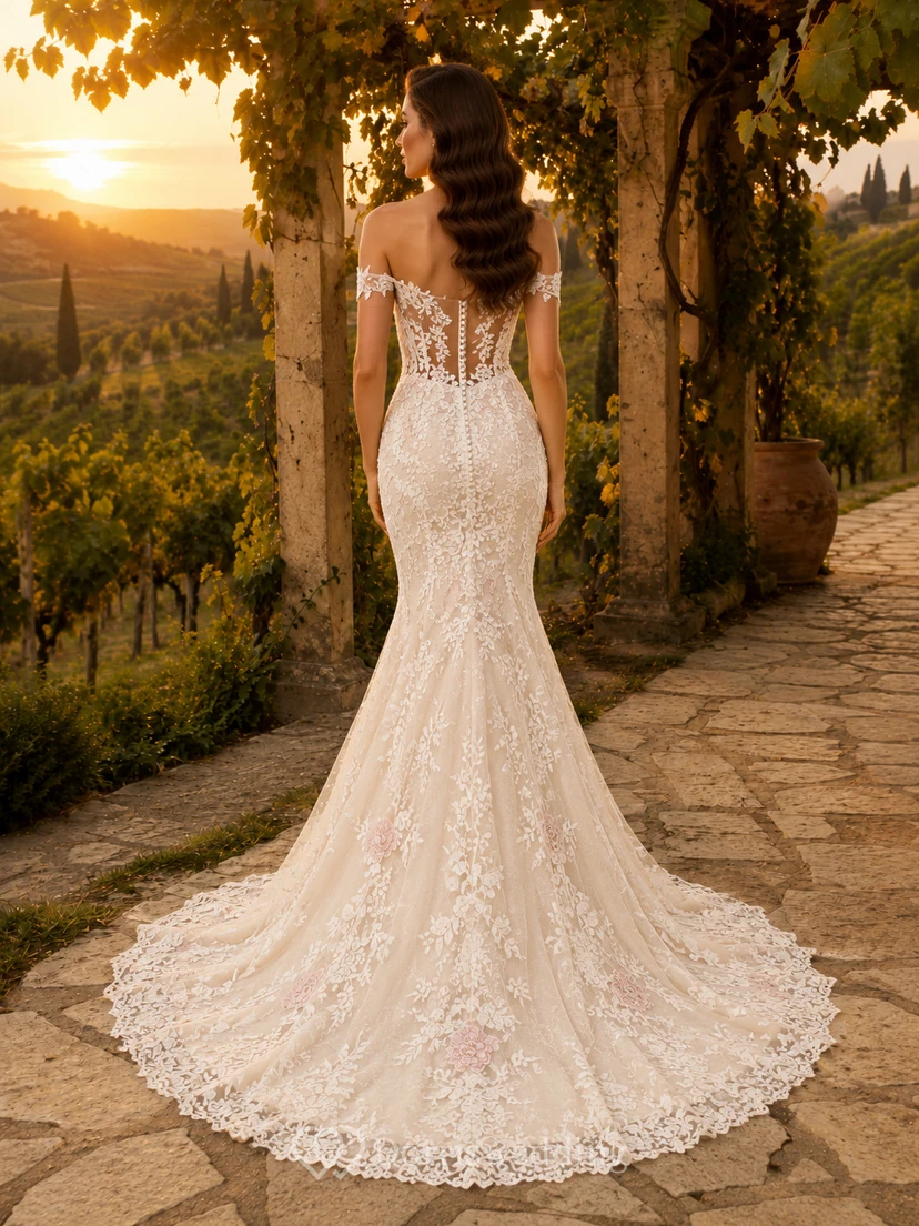 Trägerloses Meerjungfrauen-Brautkleid aus Spitze im Stil der Weinreben bei goldener Stunde view 2