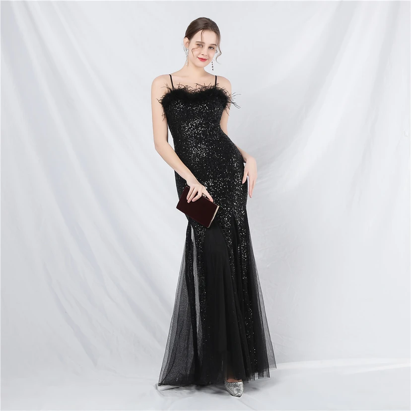 Craft Ostrich Feather Mesh Sequined Long Evening Dress view 59