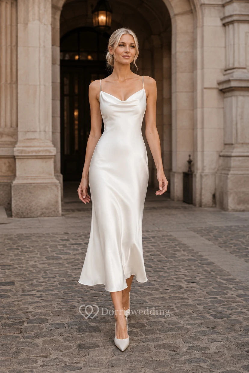 Robe de mariée nuisette en satin à col bénitier et dos nu, longueur cheville.