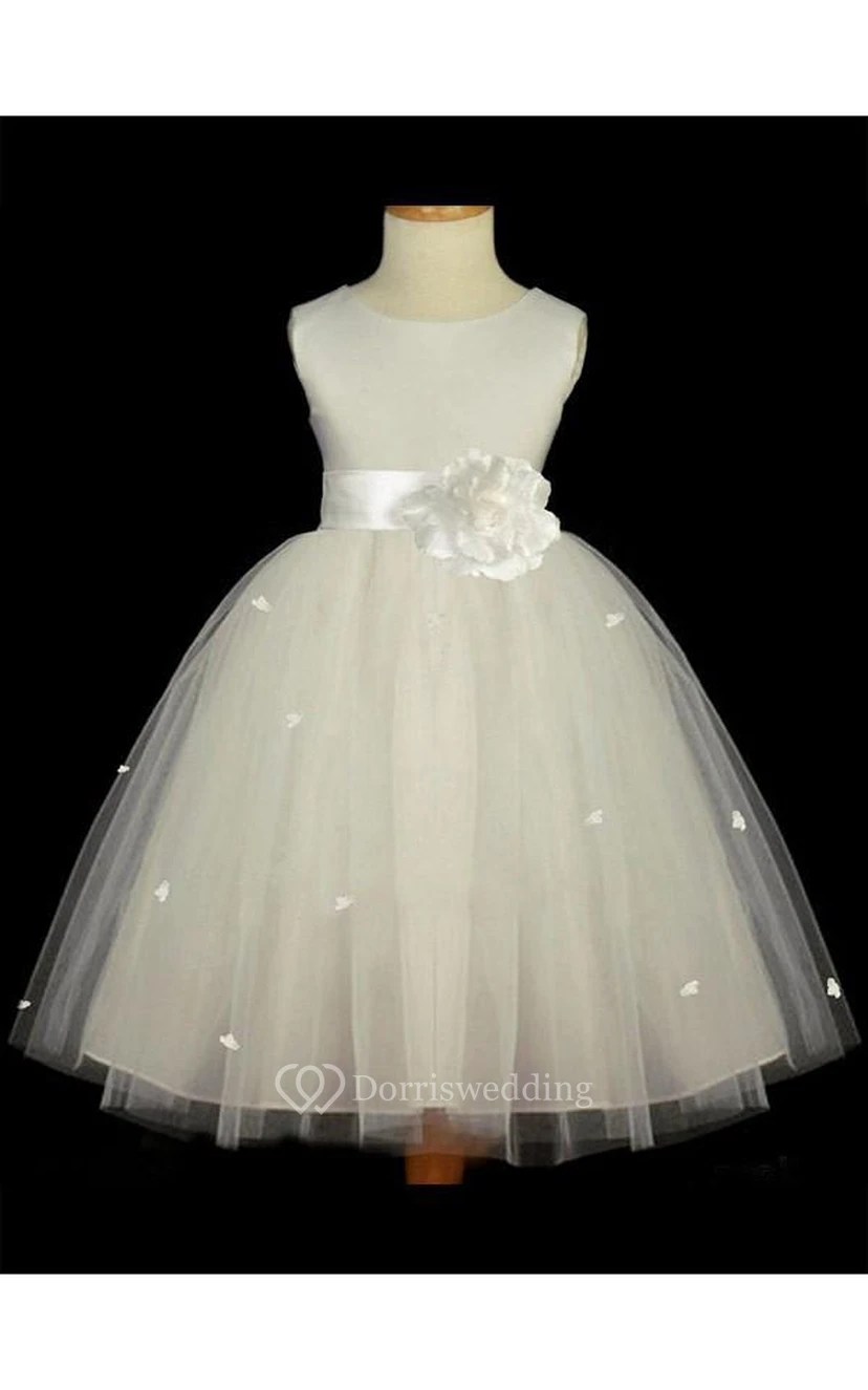 A-line Scoop Sleeveless Hand-made Flower Floor-length Tulle Flower Girl First Communion Dresses