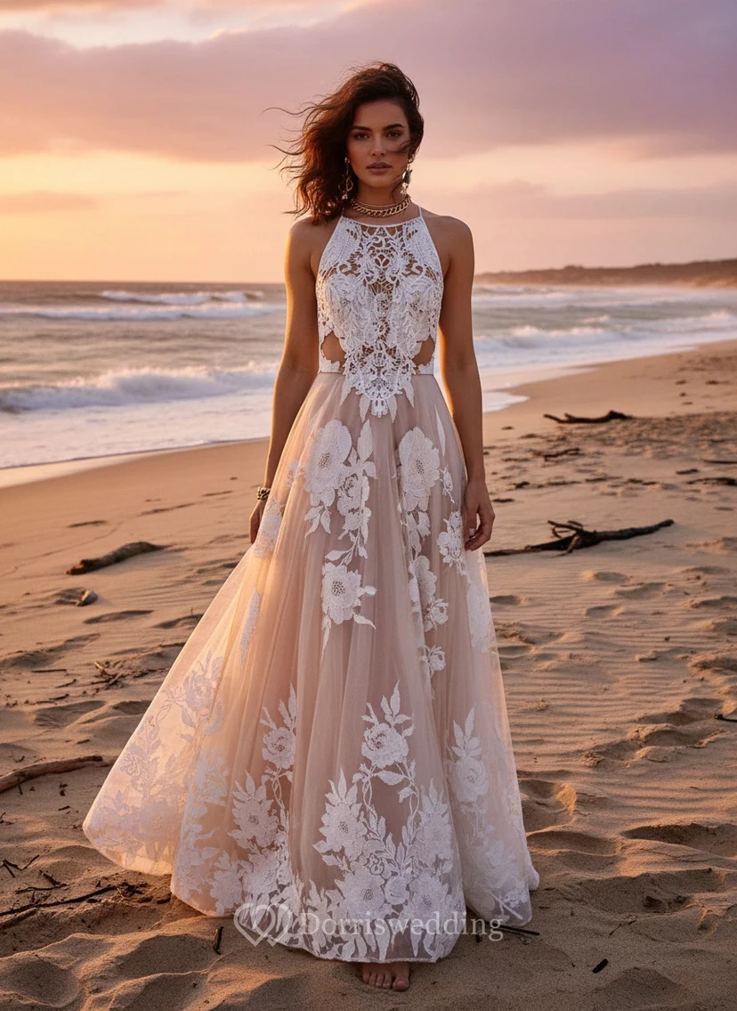 Robe de mariée de plage dos nu en dentelle ajourée avec application florale et jupe fluide