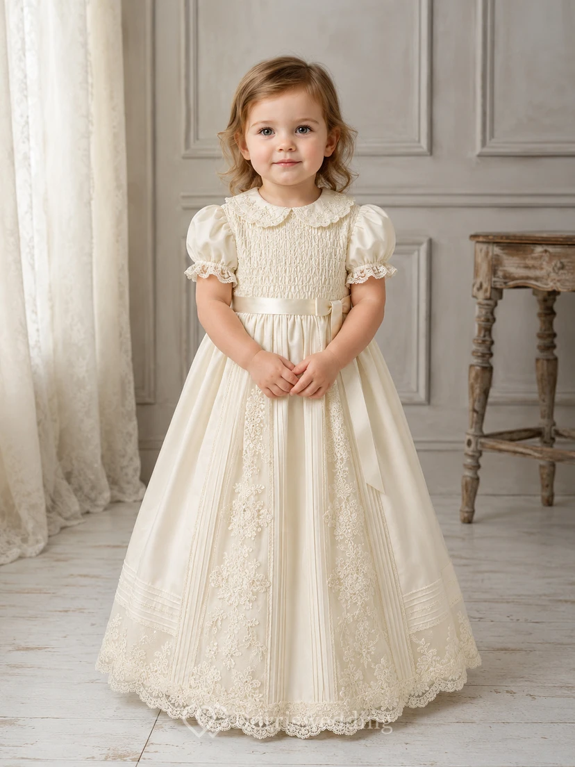 Vintage Christening Gown A-Line Cotton Lace Jewel Neck Full-Length Bow Back