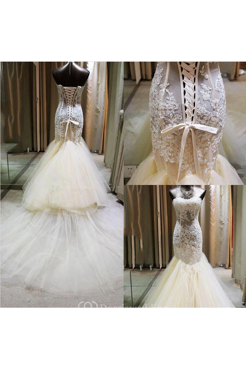 Sexy Sweetheart Lace Appliques Mermaid Wedding Dresses Tulle Floor Length view 3
