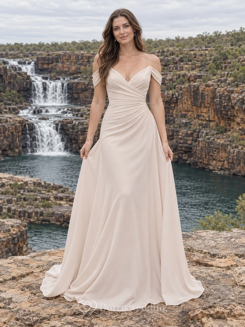 Simple Off Shoulder Side Draped A-Line Sweep Train Bridal Wedding Dress