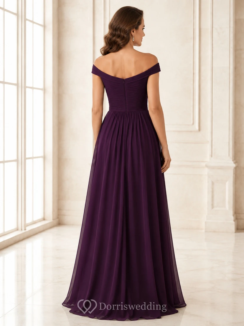 Plum off shoulder sweetheart chiffon floor length A-line dress view 2