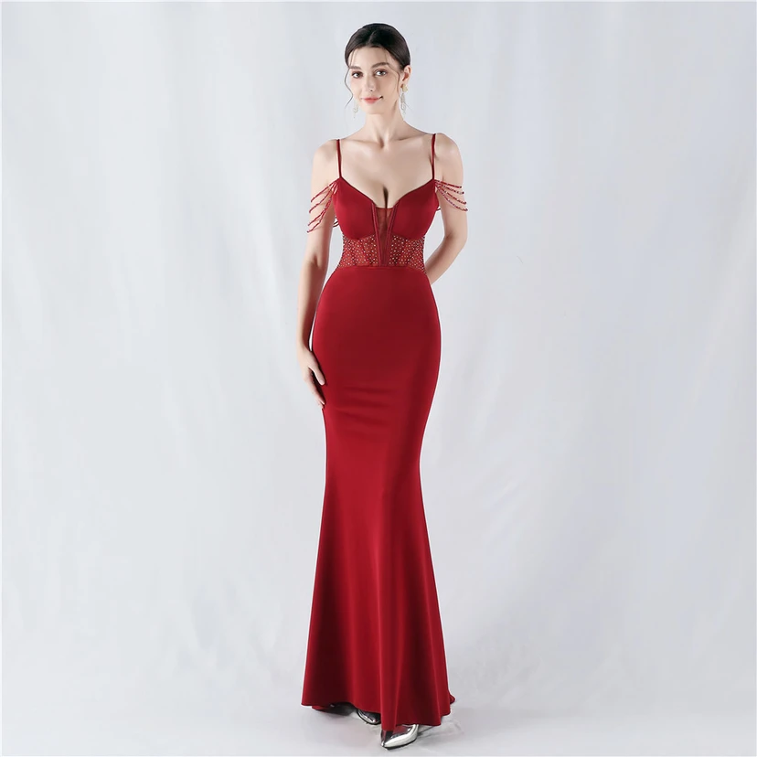 Vestido de noche con cintura de espiga, bordado de diamantes de imitación, ideal para banquetes y presentaciones. view 13