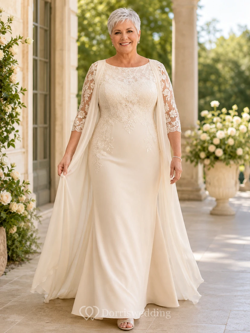 Robe de mariée fourreau en mousseline, manches trois-quarts en dentelle, coupe bateau, pour femmes mûres et grandes tailles.