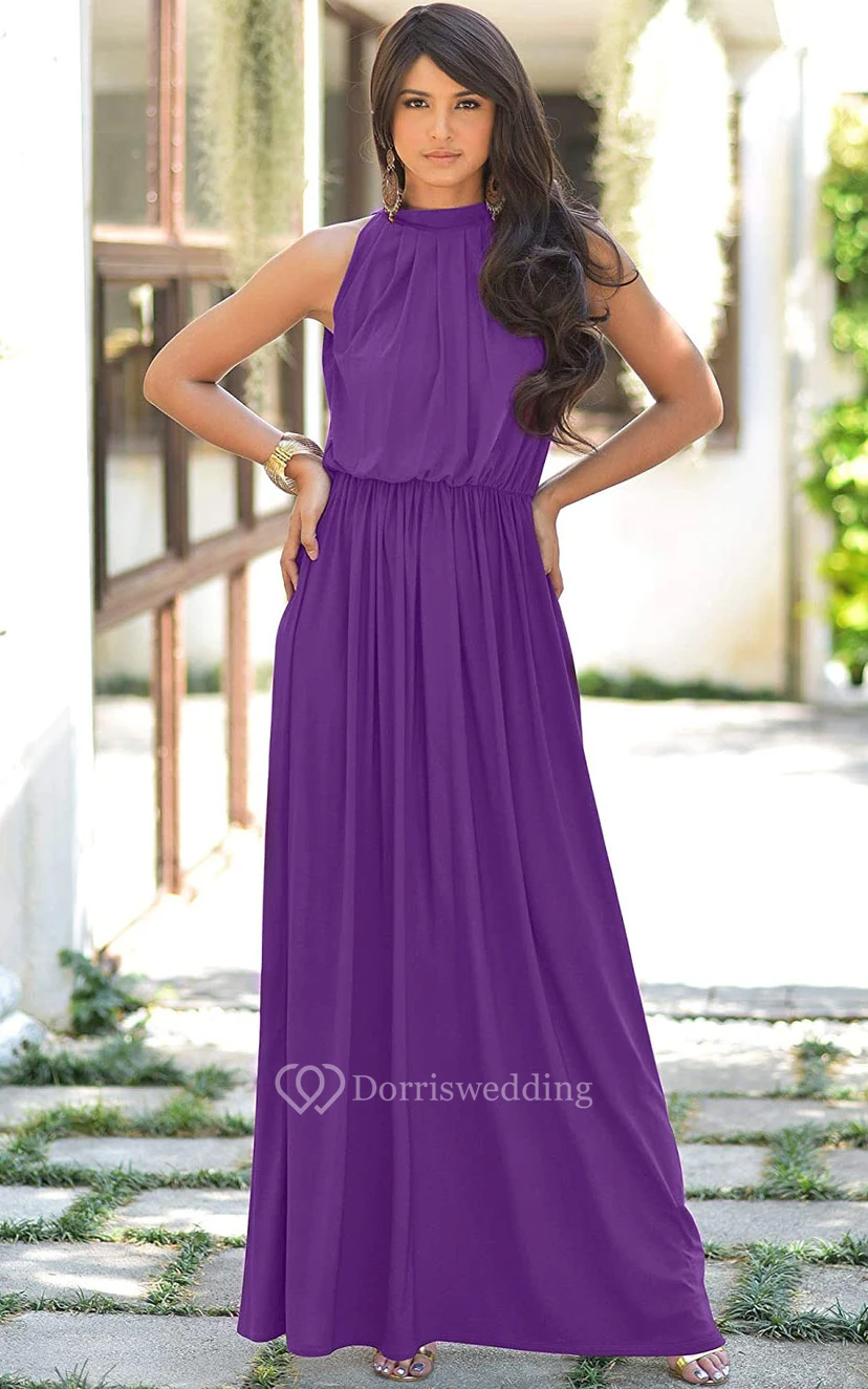 Einfaches Chiffon-Abendkleid in A-Linie mit Neckholder und Raffungen, hohem Kragen und Neckholder view 17