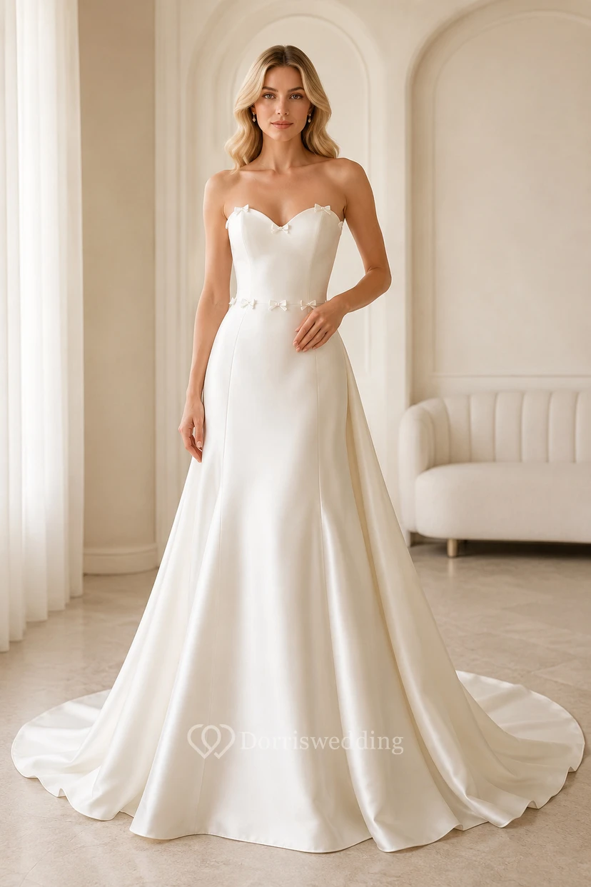 Vestido de novia palabra de honor de satén corte A con cintura adornada con cuentas