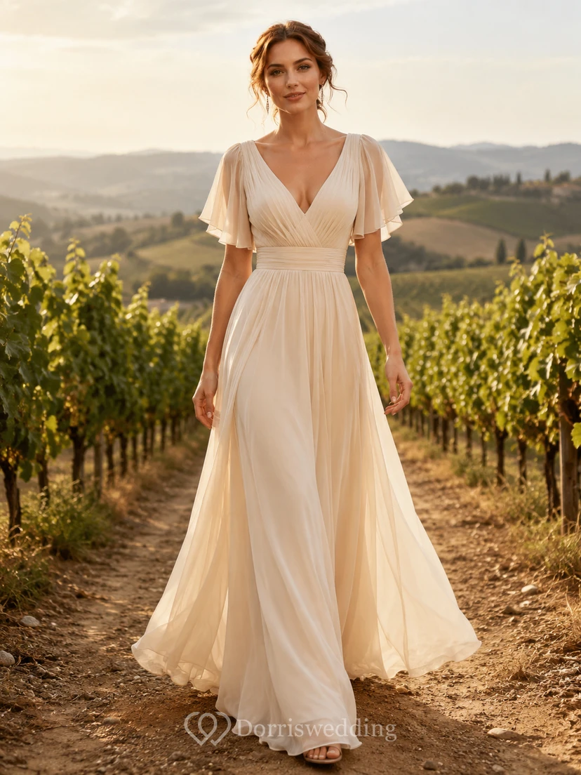 Flowing V-Neck Flutter Sleeve Vineyard Elopement Bridal Gown