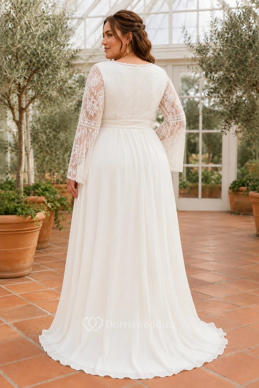 Brautkleid aus Chiffon in A-Linie mit V-Ausschnitt und Glockenärmeln aus Spitze in großen Größen view 2