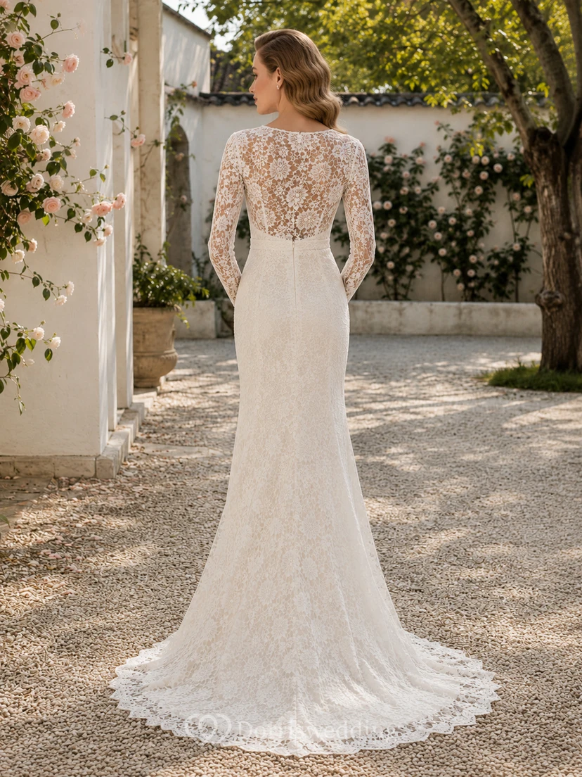 Robe de mariée élégante en dentelle illusion, col montant, manches longues, fourreau, traîne chapelle, ornée d'appliqués floraux. view 2