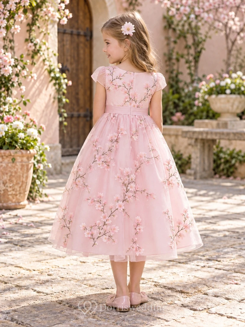 Tea-length Pearl Pink Cap Sleeve Branch Floral Tulle A-line Flower Girl Dress view 2