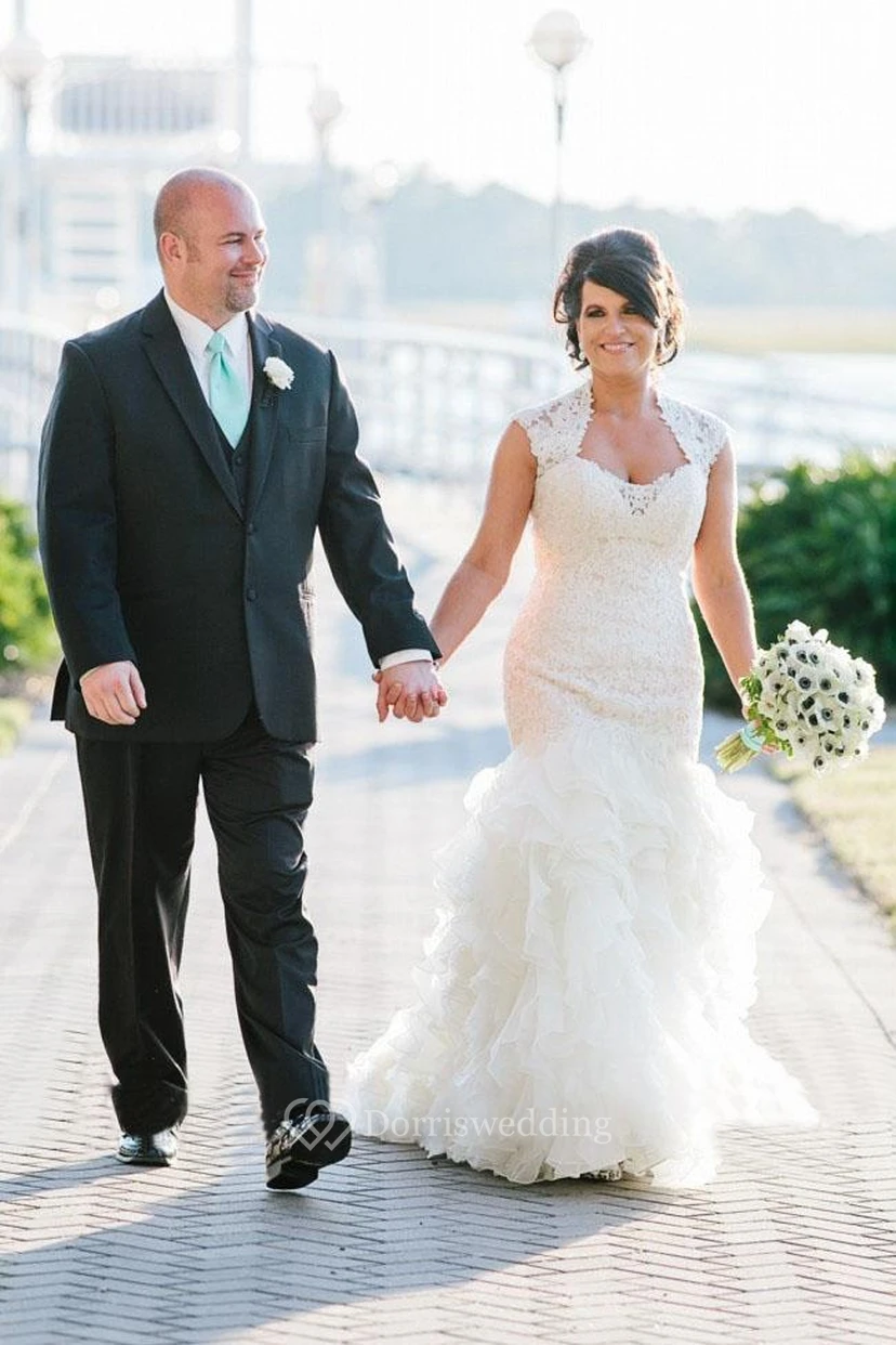Newest Lace Ruffles Tulle Mermaid Wedding Dress Cap Sleeve